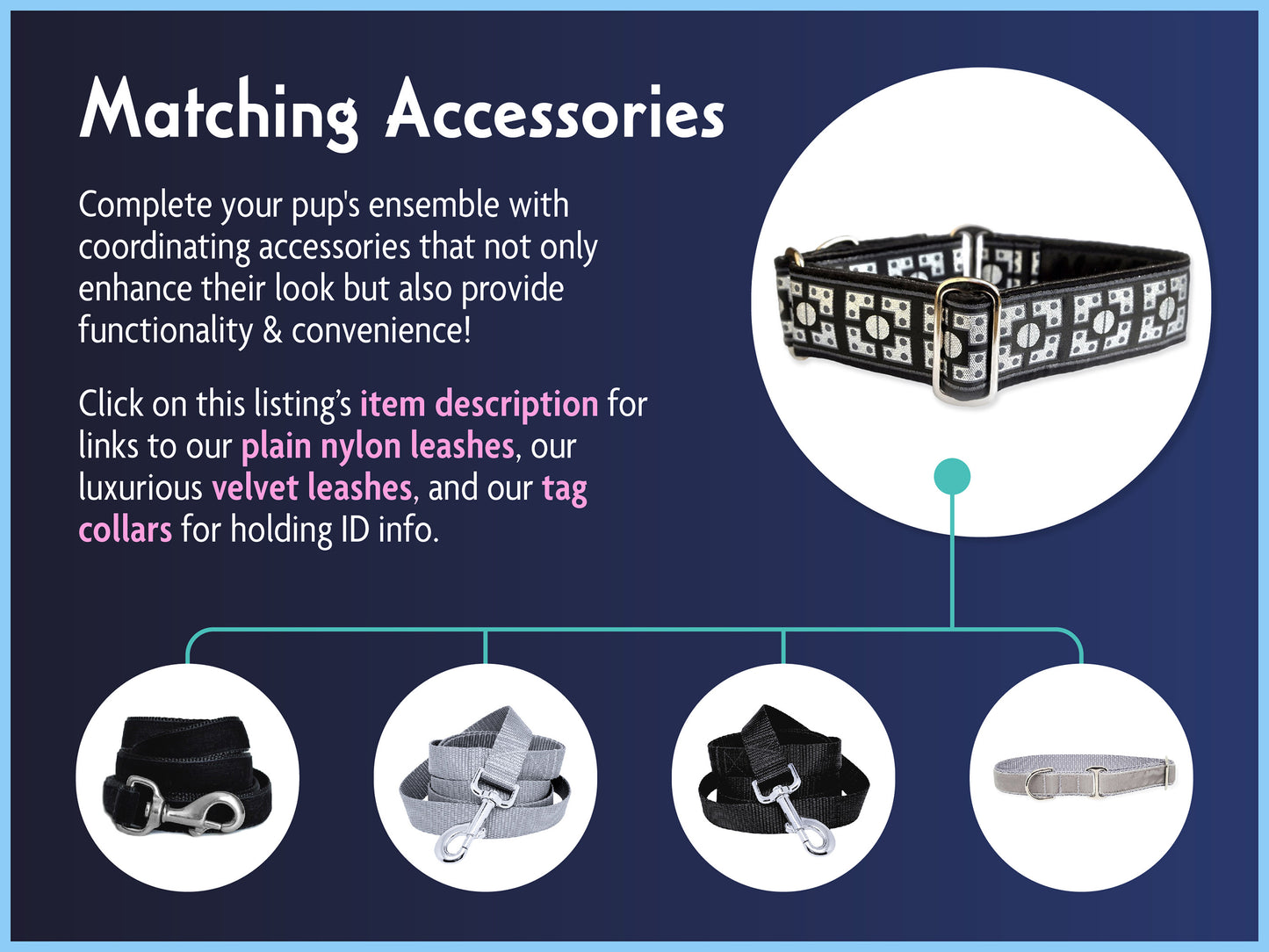 Matching Accessories for the 1.5 Inch Wide Black, Silver Riveted Dog Collar by The Hound Haberdashery