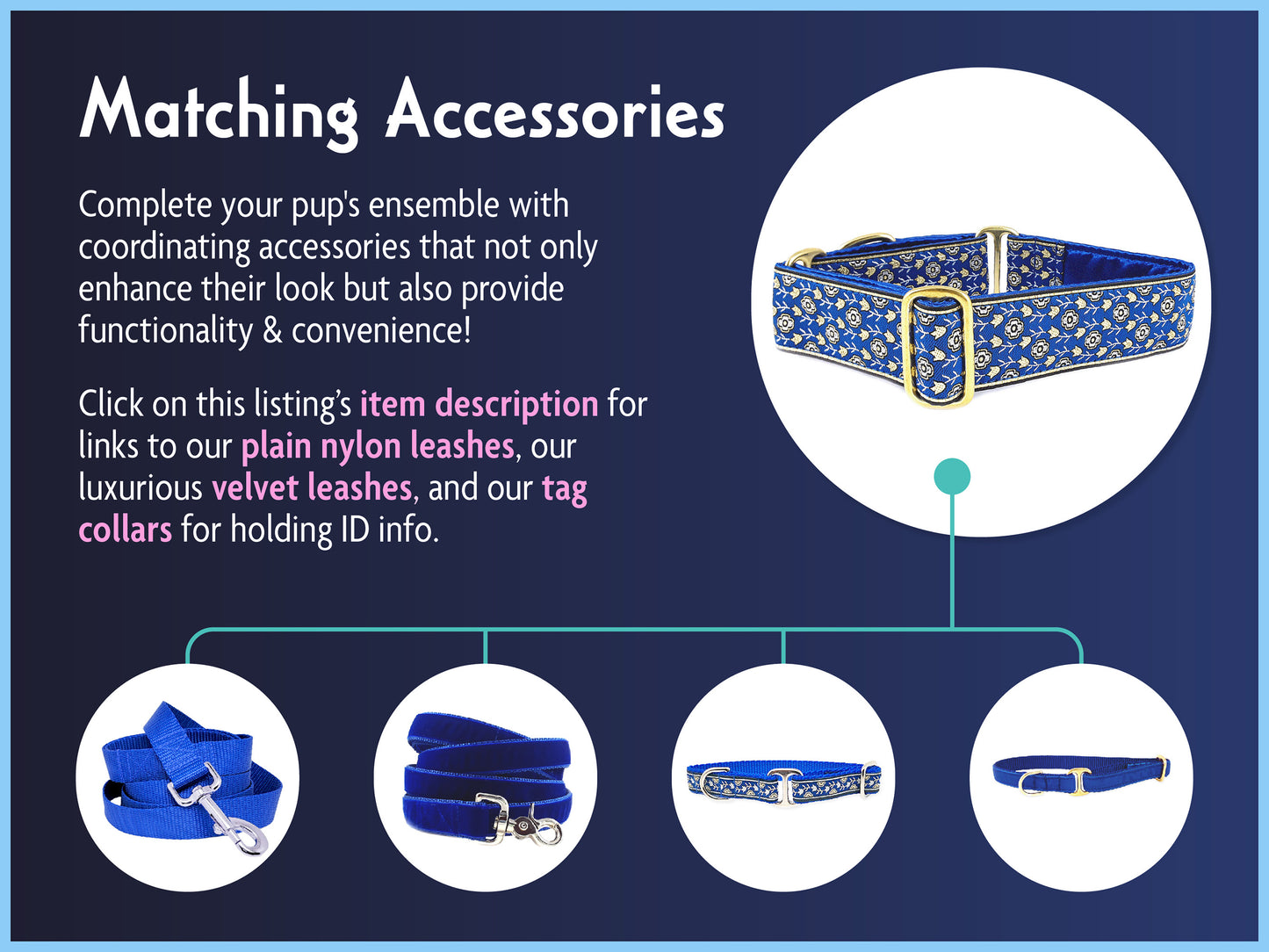 Matching Accessories for the 1.5 Inch Wide Blue Stratford Dog Collar by The Hound Haberdashery