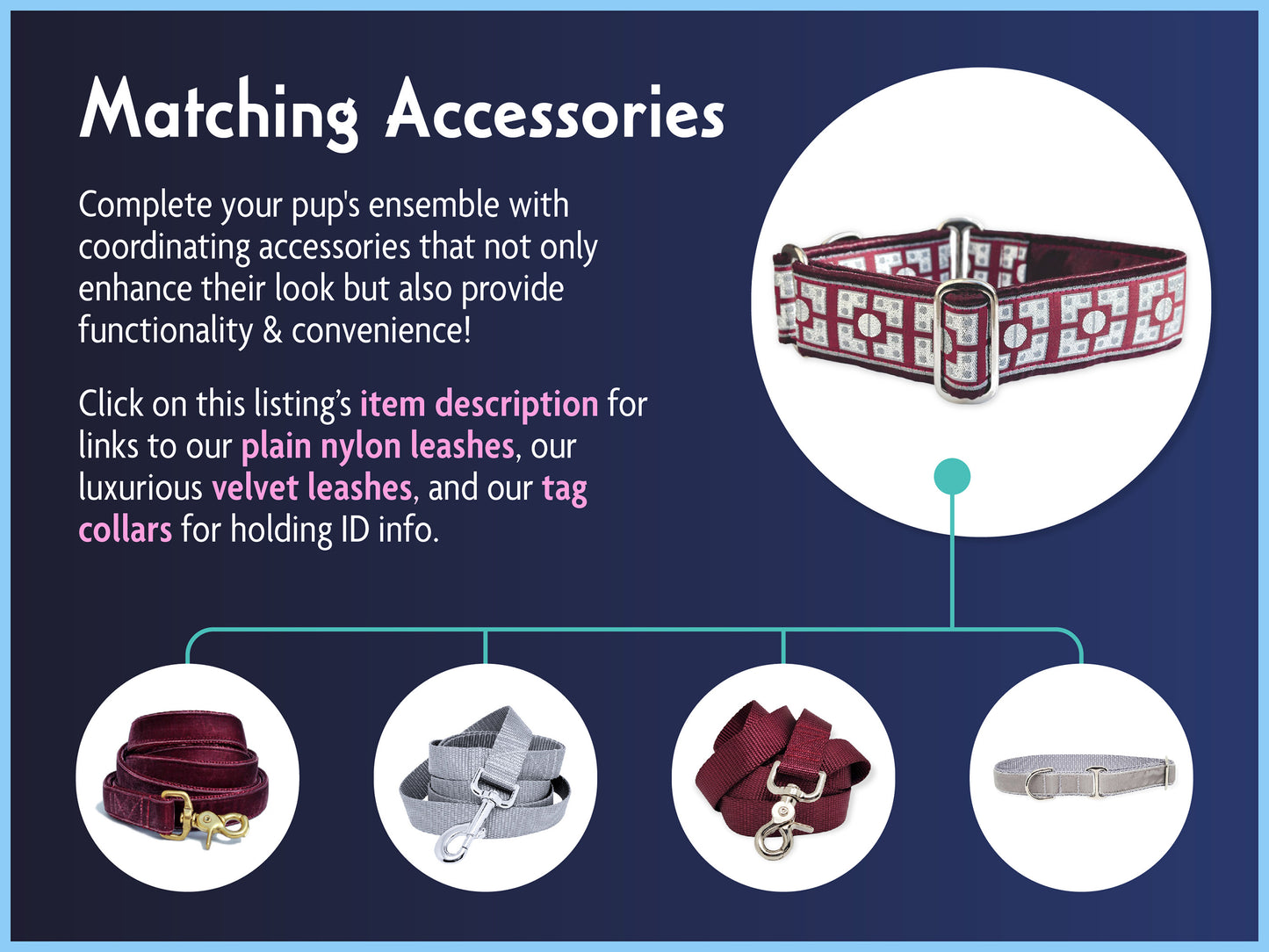 Matching Accessories for the 1.5 Inch Wide Burgundy, Silver Riveted Dog Collar by The Hound Haberdashery