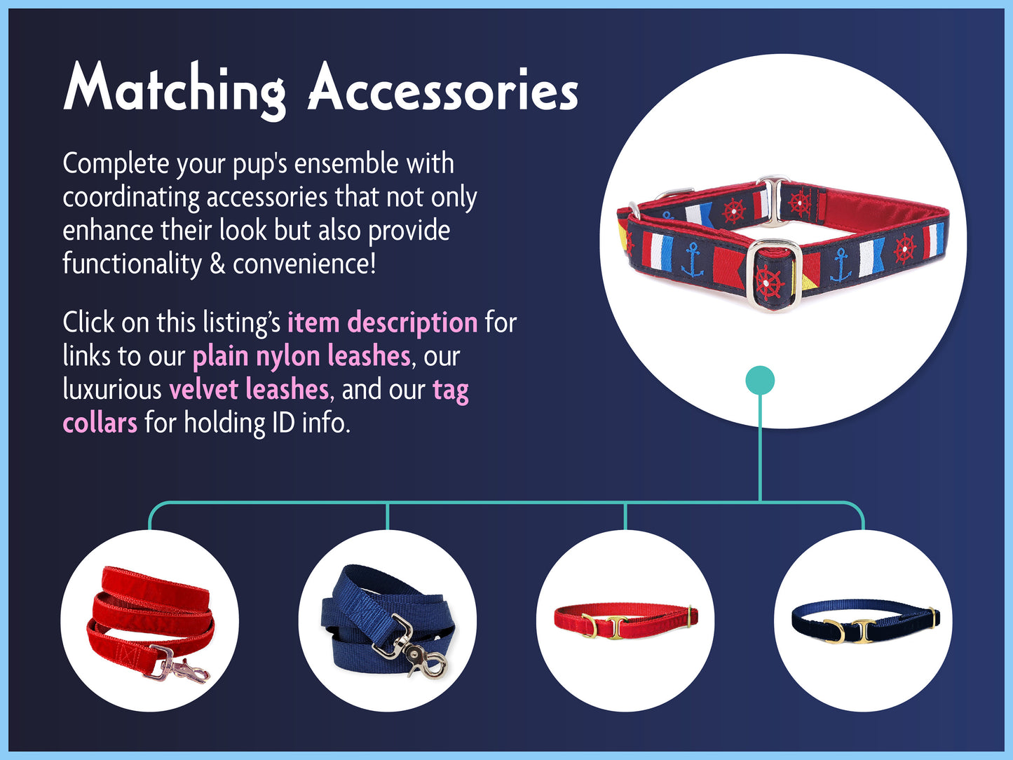 Matching Accessories for the 1 Inch Wide Nautical Sailing Flags Dog Collar by The Hound Haberdashery