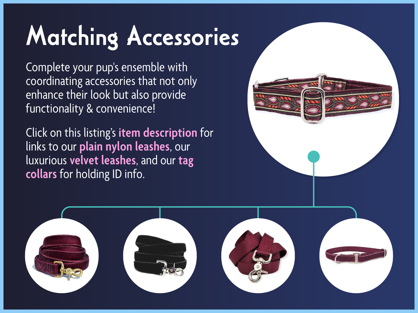 Matching Accessories for the 1 Inch Wide Plum, Crimson Paisley Vines Dog Collar by The Hound Haberdashery