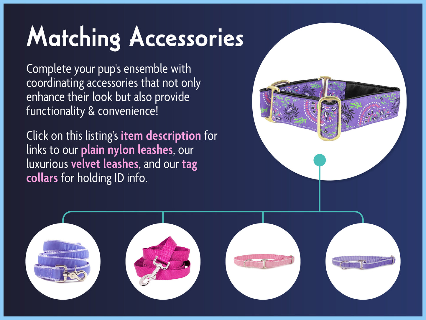 Matching Accessories for the 1.5 Inch Wide Purple Flower Burst Dog Collar by The Hound Haberdashery
