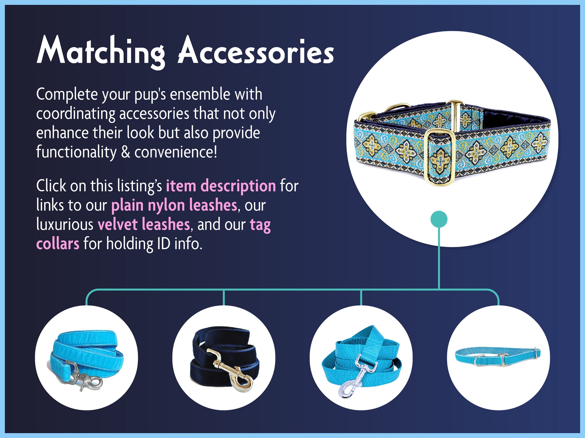 Matching Accessories for the 1.5 Inch Wide Light Blue, Gold Nobility Dog Collar by The Hound Haberdashery