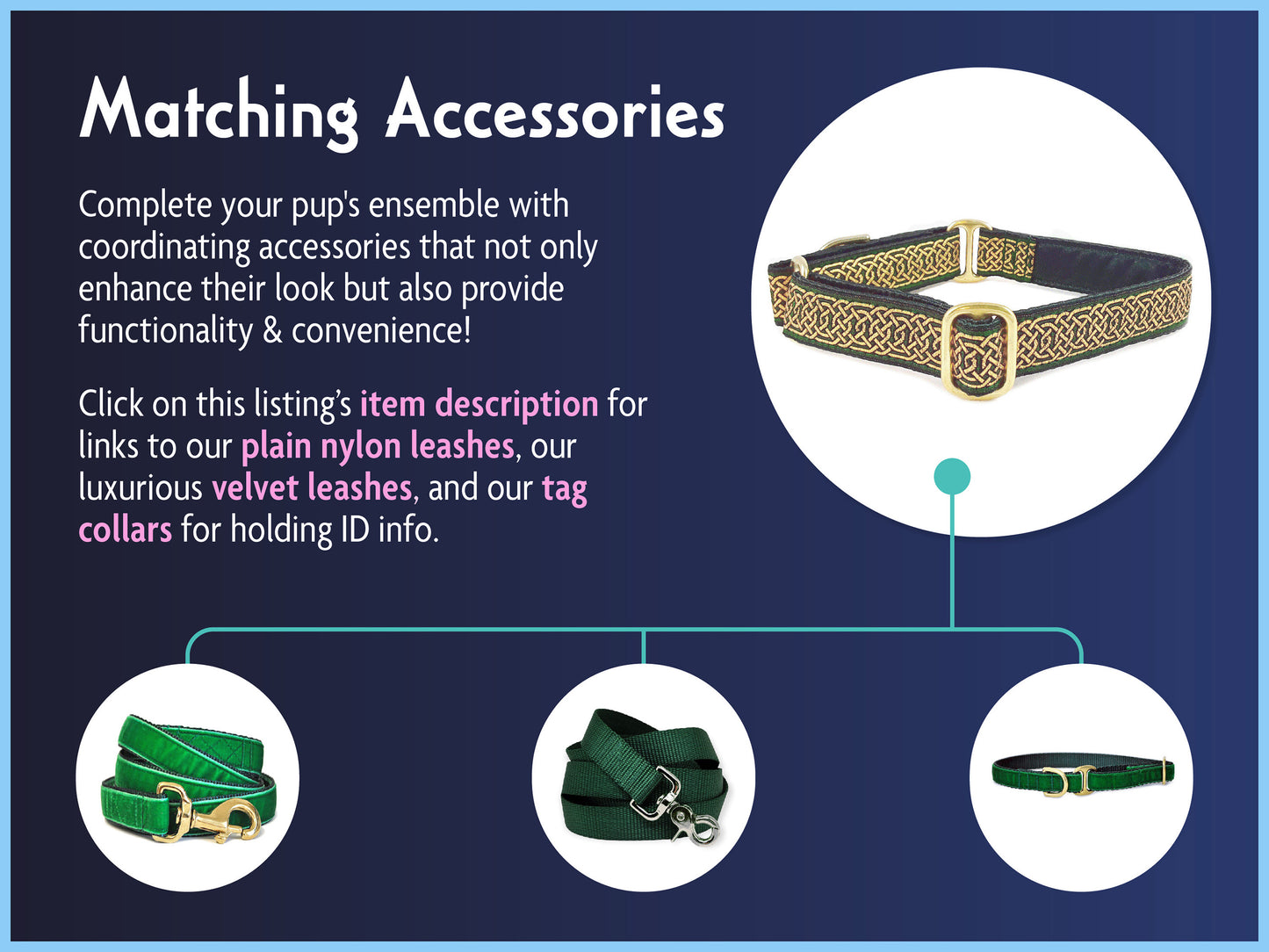 Matching Accessories for the 1 Inch Wide Green, Gold Wexford Celtic Braid Dog Collar by The Hound Haberdashery
