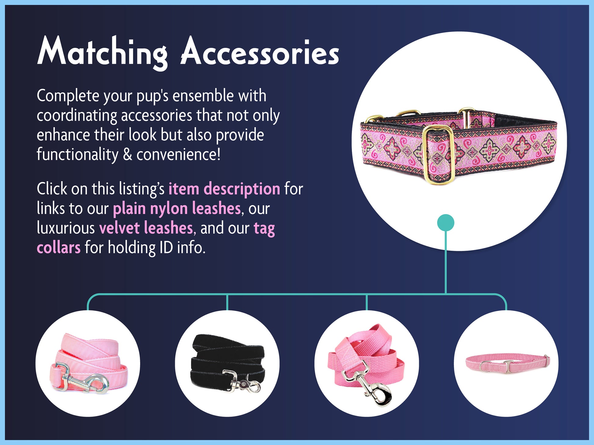 Matching Accessories for the 1.5 Inch Wide Pink Nobility Dog Collar by The Hound Haberdashery