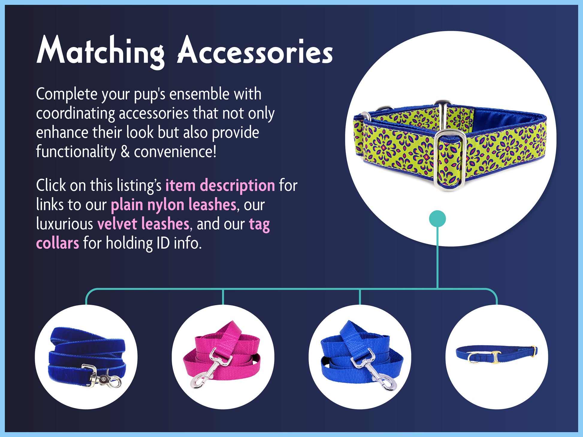 Matching Accessories for the 1.5 Inch Wide Chartreuse Capri Dog Collar by The Hound Haberdashery