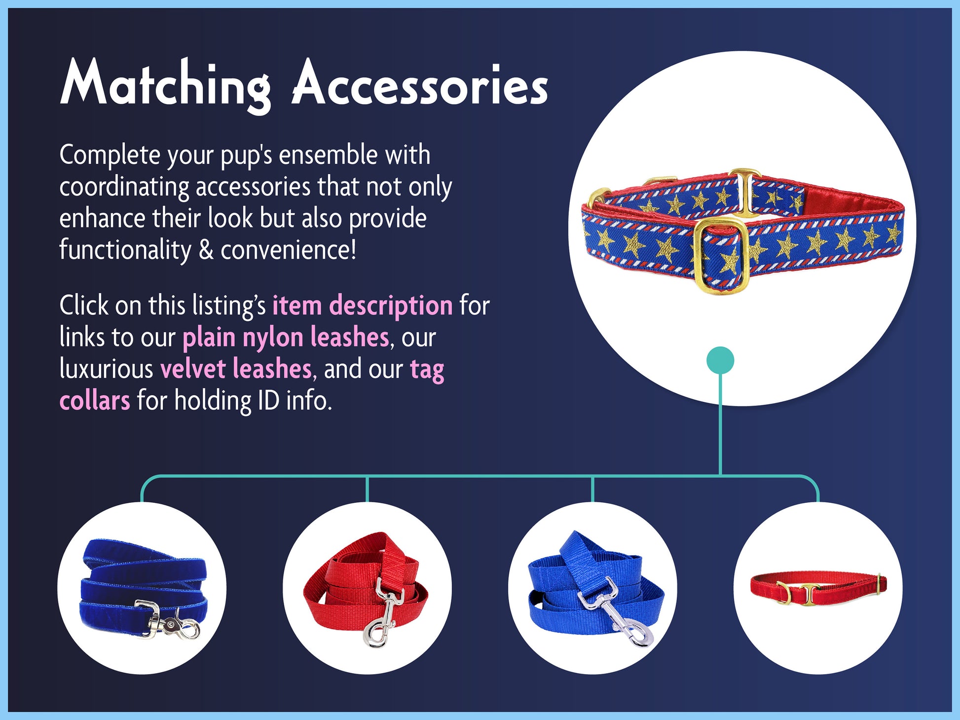 Matching Accessories for the 1 Inch Wide Stars & Stripes Dog Collar by The Hound Haberdashery
