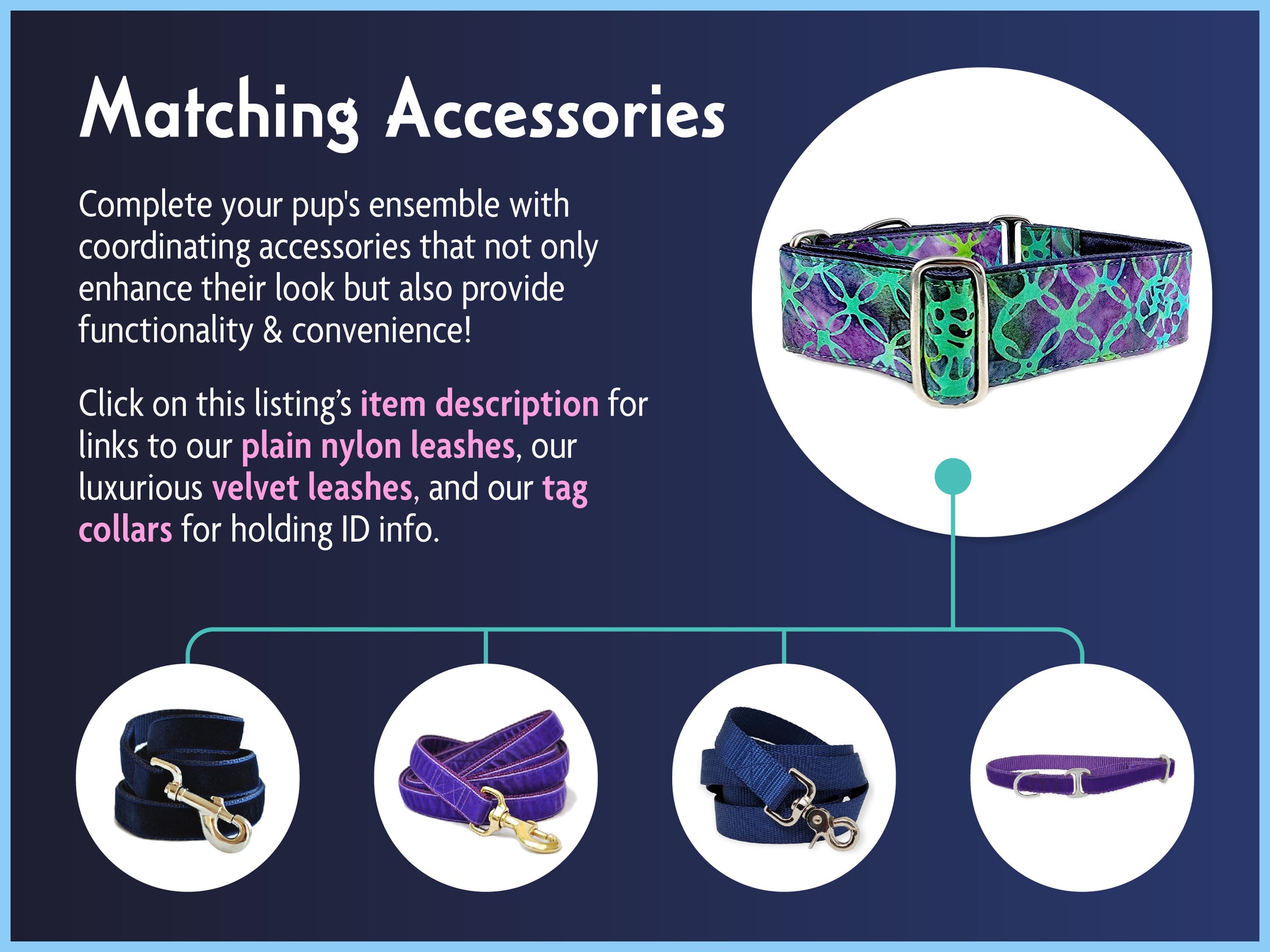 Matching Accessories for the 2 Inch Wide Batik Dog Collar by The Hound Haberdashery