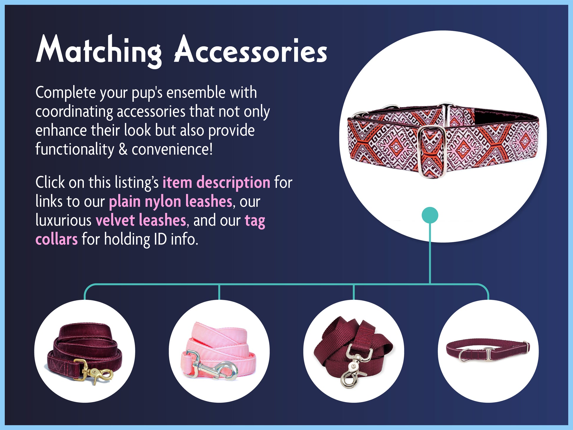 Matching Accessories for the 1.5 Inch Wide Burgundy, Orange Arizona Dog Collar by The Hound Haberdashery