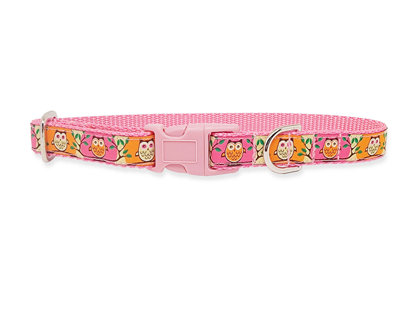 Tag Collar - Owls in Pink & Orange - 3/4 Inch Width