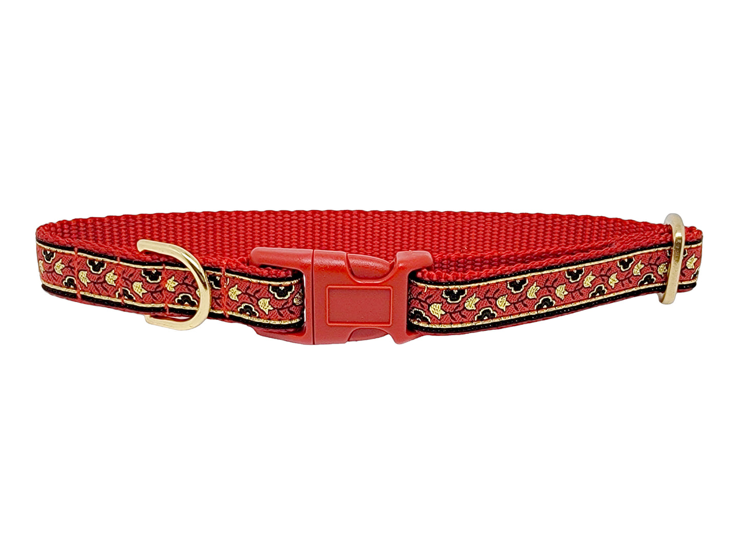 3/4 Inch Red, Gold Stratford Floral Dog Tag Collar by The Hound Haberdashery