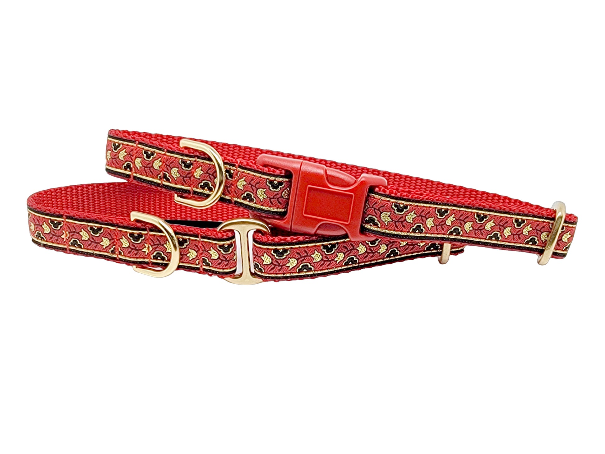 3/4 Inch Red, Gold Stratford Floral Dog Tag Collar by The Hound Haberdashery