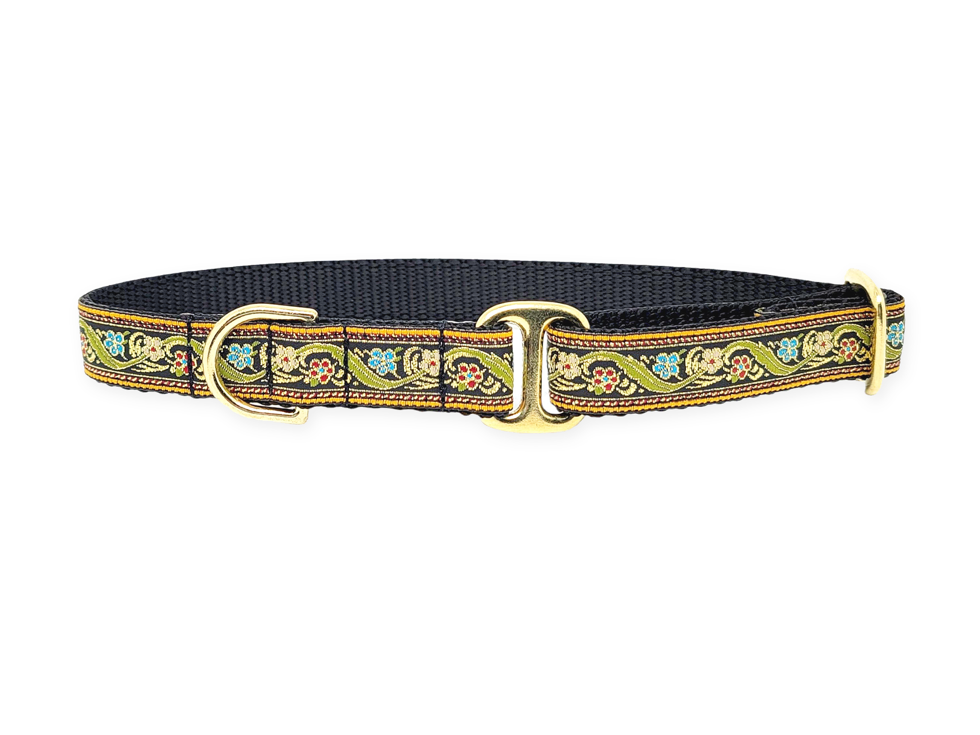3/4 Inch Yellow Gold Floral Vines Dog Tag Collar with Black Nylon, by The Hound Haberdashery