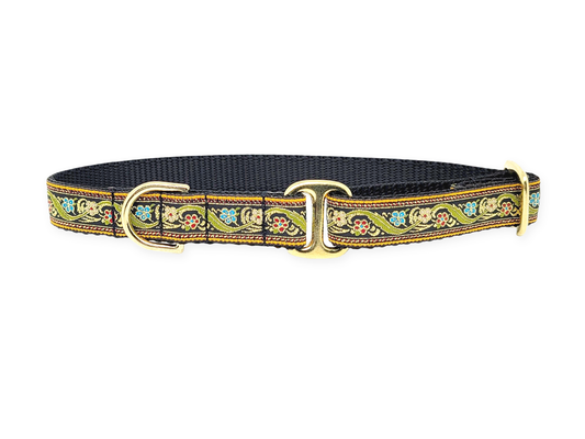 3/4 Inch Yellow Gold Floral Vines Dog Tag Collar with Black Nylon, by The Hound Haberdashery