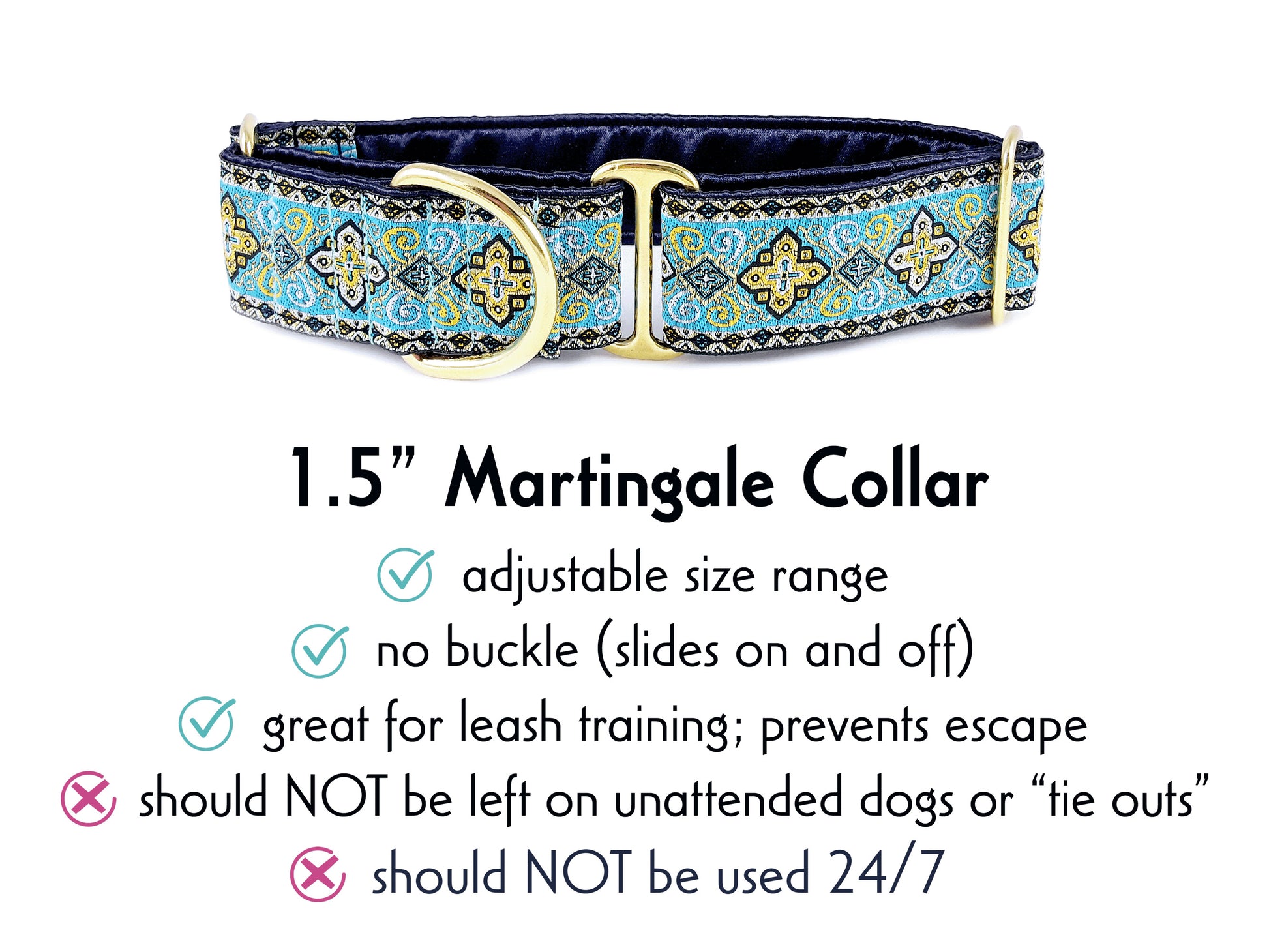 1.5 Inch Wide Light Blue, Gold Nobility Martingale Dog Collar by The Hound Haberdashery
