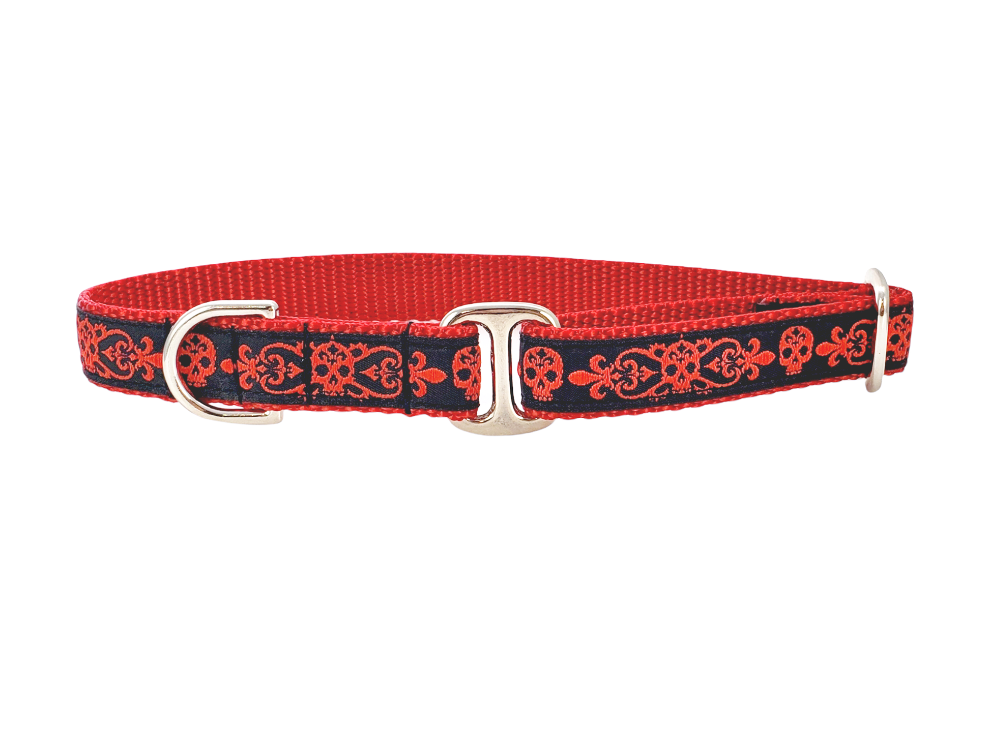 3/4 Inch Red, Black Skulls Dog Tag Collar by The Hound Haberdashery